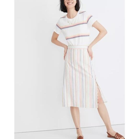 Madewell Women's Flecked Rainbow Stripe Print Button Slit Midi Skirt Size 6 - Picture 1 of 10